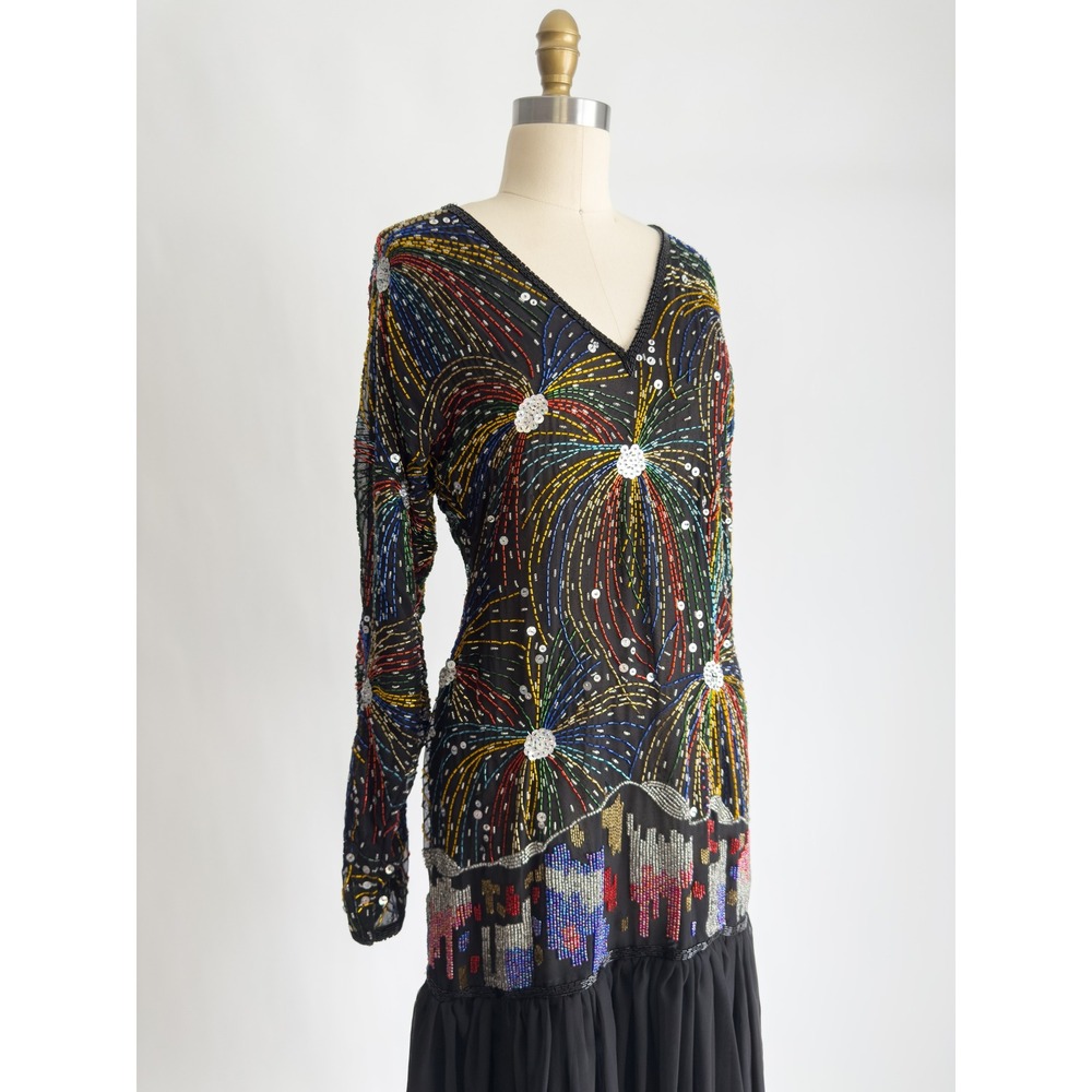 Judith Ann Creations vtg black‎ silk hand beaded fireworks dress S-M - Picture 4 of 9